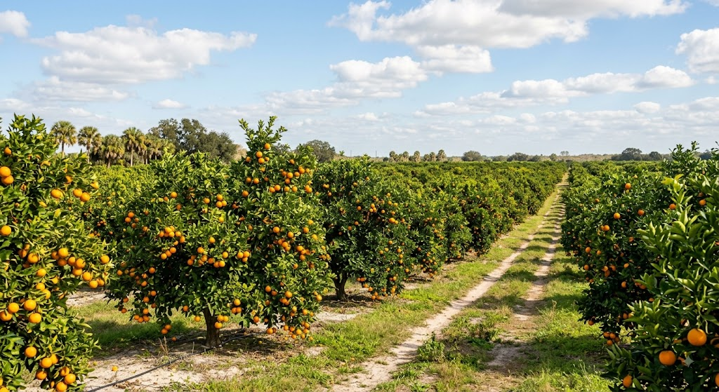 A Florida citrus grove with rows of orange trees